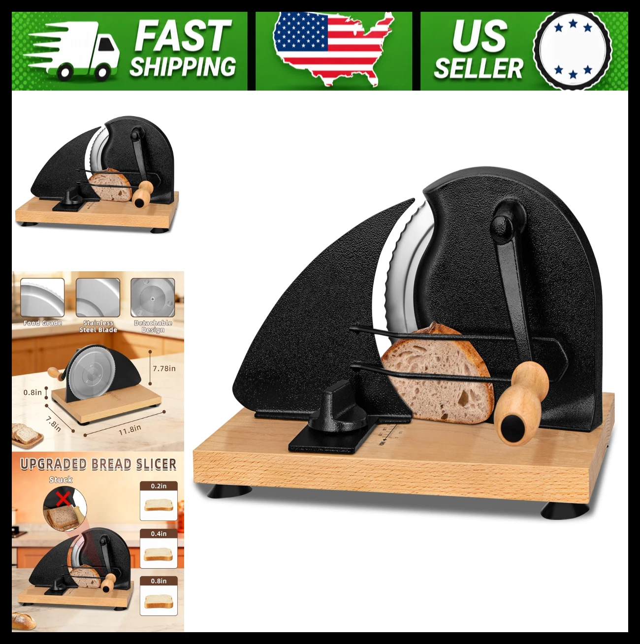 Manual Bread Slicer Adjustable Thickness with Hand Crank, Black
