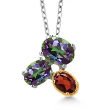 925 Silver and 10K Yellow Gold Green Mystic Topaz and Garnet Pendant Necklace