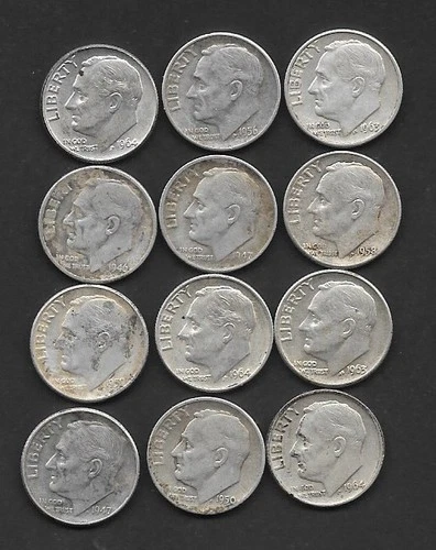 12 ROOSEVELT 90% SILVER DIMES 46-64 GOOD STARTER SET