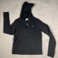 Victoria s Secret PINK Hoodie Sweatshirt Size Large Logo Spellout Zip Black Dog
