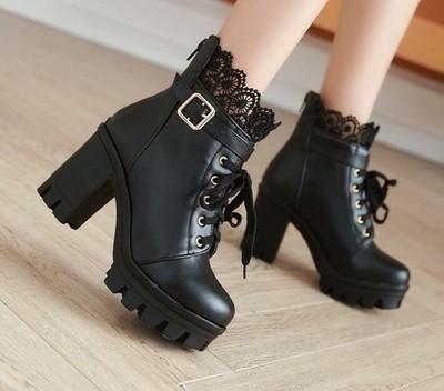 Damen Stiefeletten Punk Biker Stiefel Blockabsatz Plateau Schnürung Pumps Schuhe