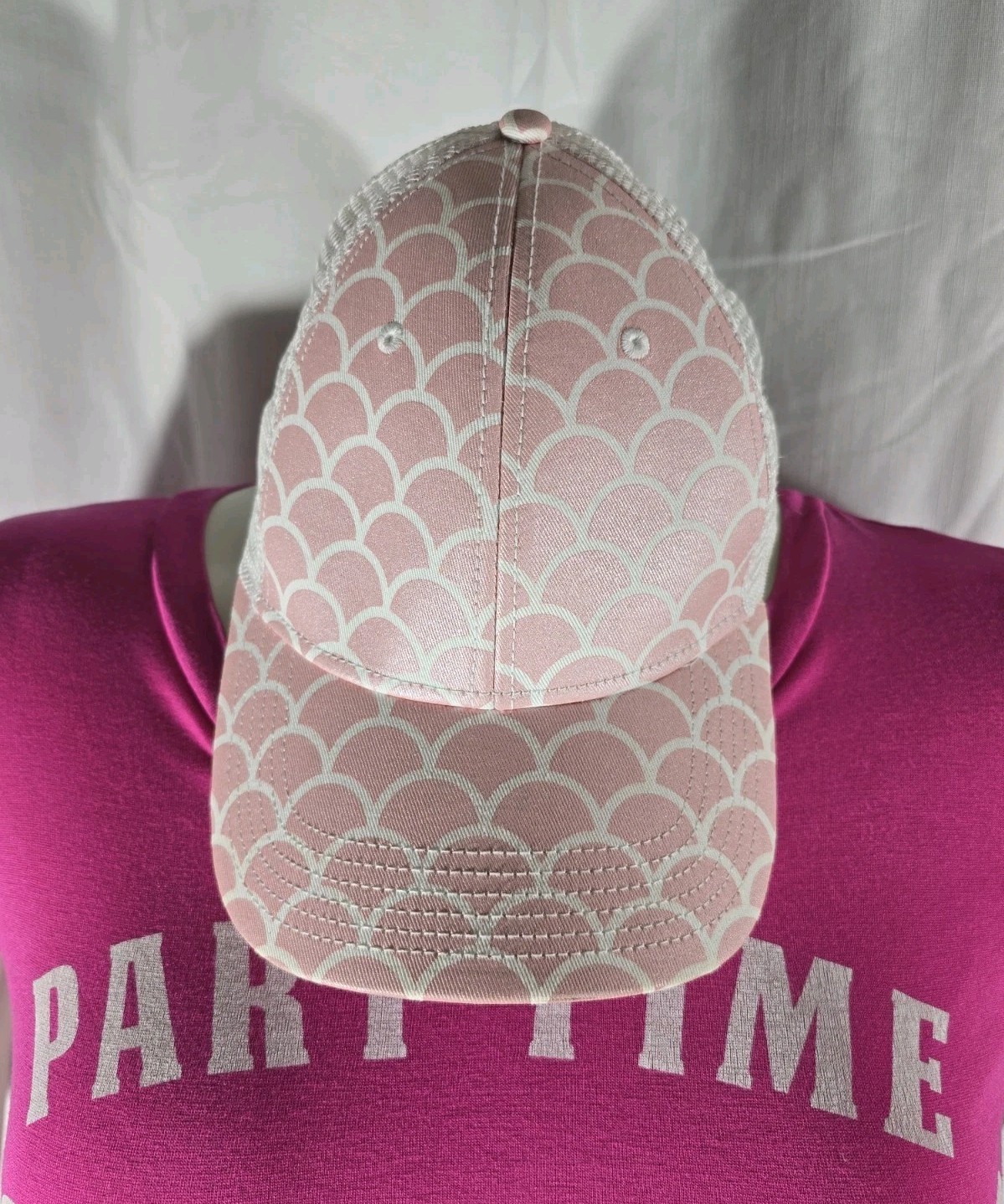 Mermaid Trucker Cap Pink Metallic Scales White Design Women'