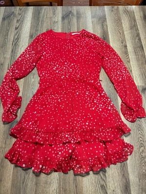 Mi Ami Dress, Women's Size Small, Red White, Floral, Long Sleeve, Ruffle