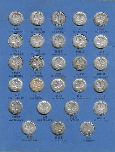 1916-45 P,D,S, Mercury Silver Dime Set *$6.80 Face* "Circ-BU"