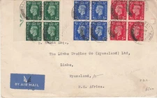 GVI Airmail Cover, with 3 Marginal Blocks: Manchester to Limbe, 10-20 May 1937