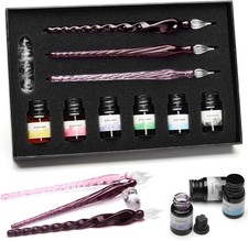 ESSSHOP Glass Pen Calligraphy Set - 3 Purple Crystal Dip Pens Color Ink and Pen