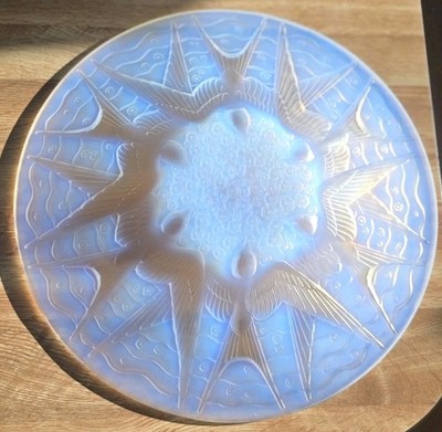 Pierre D'Avesn Art Deco Blue Opalescent Glass Bowl W/ Swallow & Floral France 