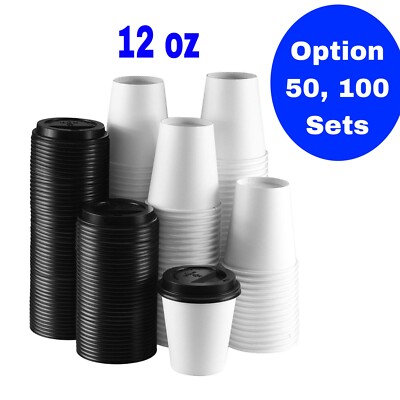 12 oz Disposable Paper Coffee Cups with Black Lids 100 sets, White