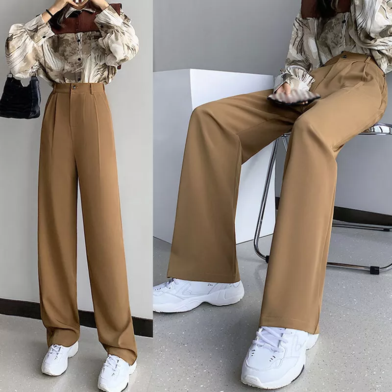 Women Autumn Loose Pants High Waist Wide Leg Pants Floor-Length Suit Pants  Soft*