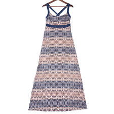 Eddie Bauer Maxi Dress Womens Small Navy Orange Ikat Cross Back Side Slit Beachy