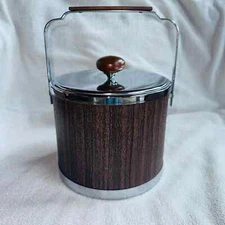 Vintage Atapco MCM Faux Wood Grain Vinyl Chrome Ice Bucket Mid Century Made USA