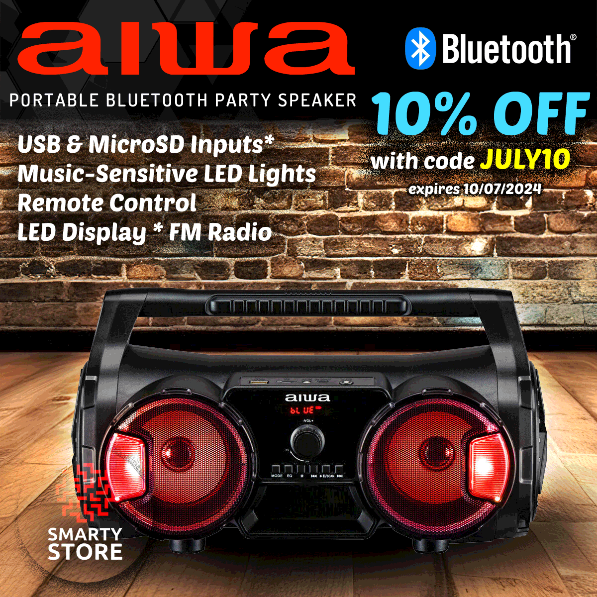 Aiwa Portable Bluetooth Party Speaker Boombox LED Lights USB FM
