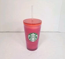 2020 Starbucks Cup 16oz Plastic Tumbler Cold Drink W/ Lid & Straw Pink Orange
