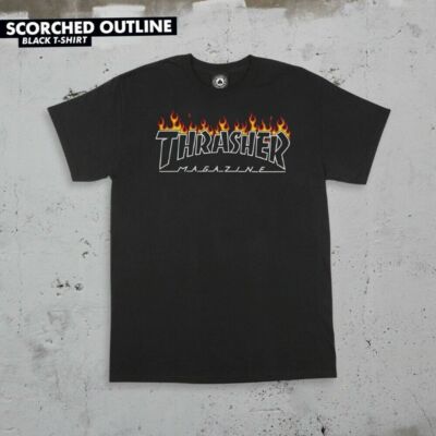 Thrasher Magazine SCORCHED OUTLINE LOGO Skateboard T Shirt BLACK