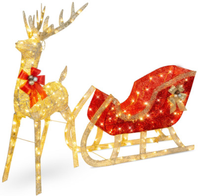 New Lighted Christmas Reindeer and Sleigh Outdoor Decor Set w/ LED Lights