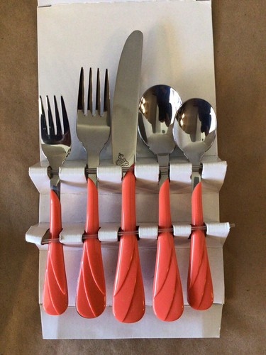 GENUINE FIESTA 1991 *PERSIMMON F-114* SWIRL 5 PC STAINLESS FLATWARE SET BOX*NOS* - Picture 2 of 5