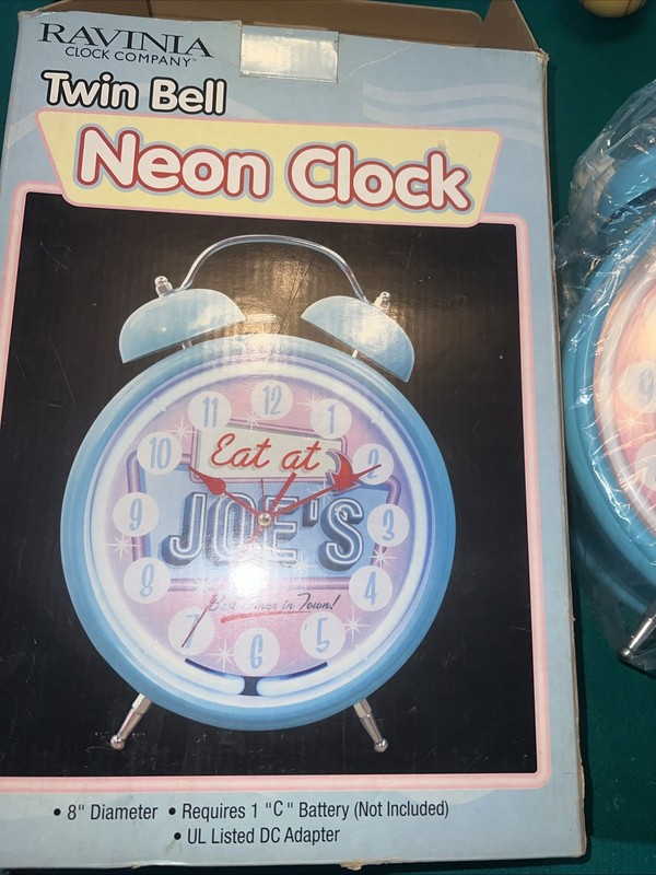 Ravinia Twin Bell 8" Neon Clock. Eat At Joe's, Best Diner In Town! 