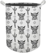 Western Laundry Basket, Retro Highland Cow Cactus Collapsible Beige