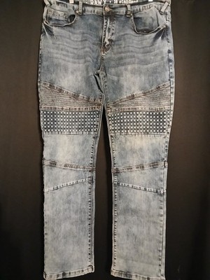 Raw X Mens Slim Fit Stretch Light Blue Wash With Unique Patterned Panels Size 38