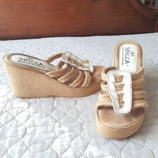 Sbicca Vintage Y2K Collection Wedge Sandals Raffia Leather Woven Slides Size 8