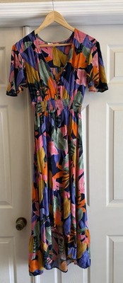 Abel The Label Maxi Dress Womens XS Multicolor Tropical High-Low Smocked Waist