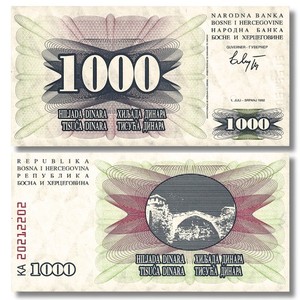 1992 1,000 Dinara Bosnia Banknote P-15 Uncirculated 🇧🇦 🌎 🏷️