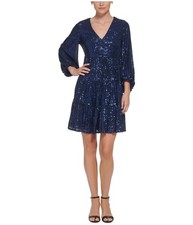 Eliza J Womens Sequin Tiered Balloon Sleeve Fit & Flare Dress, navy, 8
