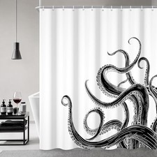 Octopus Shower Curtain and Black Nautical Ocean 72"W x 72"L Pack of 1 White