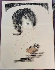 ANDRE FRANCOIS FEMALE PORTRAIT MIXED MEDIA WATERCOLOR & INK & NEWSPAPER SIGNED