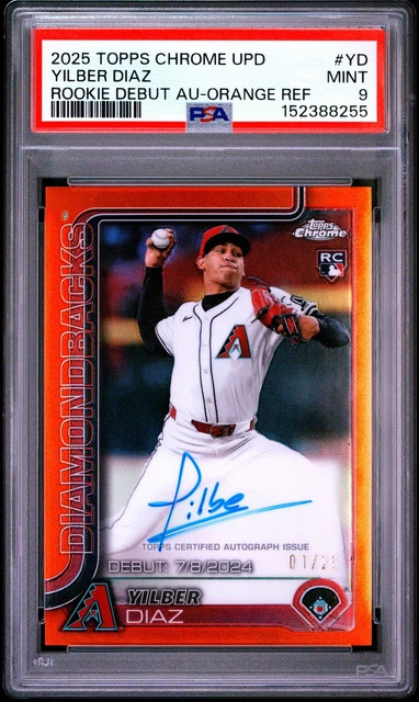 2025 TOPPS CHROME UPDATE DEBUT AUTO ORANGE YILBER DIAZ ROOKIE RC /25 PSA 9