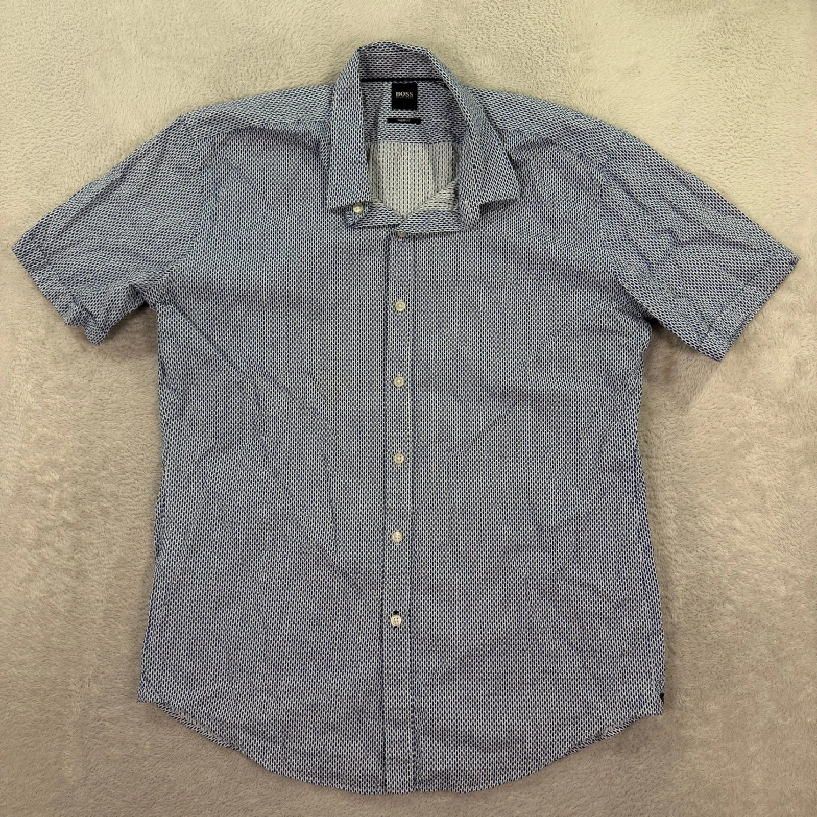 Hugo Boss Mens XL Sharp Fit Blue White Fish Print Short Sleeve Button Up Shirt