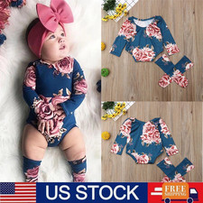Newborn Baby Girls Rose Flower One-piece Jumpsuit Stocking Bow Headband Bodysuit