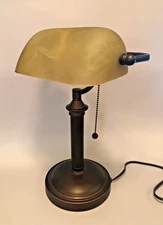 Bronze Bankers Desk Lamp Tilting Frosted Swirl Glass Shade 15” Tall