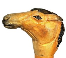 Antique Hand Carved Wooden Horse Head with Glass Eyes Handle Walking Stick Cane