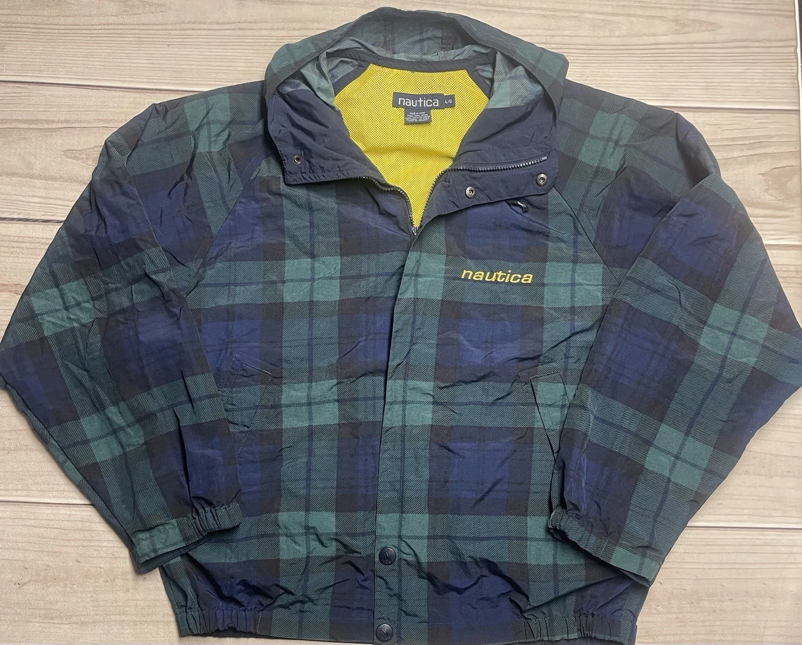 Vintage Nautica Men’s Size Large Windbreaker Jacket Zip Up Hood Plaid Green Blue