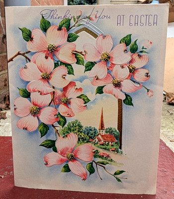 Vintage Grußkarte Ostern rosa Hartriegel Blumen Floral religiös gebraucht 10832
