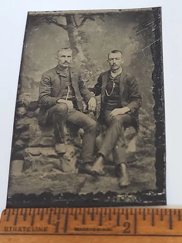 19thC Tintype Photo Two Men Close Companion Pose Rustic Studio Mustache Boots