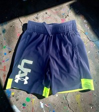 Under Armour Boys Athletic Shorts Black Yellow Loose Fit Drawstring YXS. -055