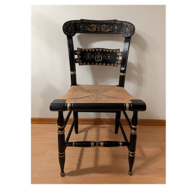 Vintage Ethan Allen Hitchcock Chair - Black & Gold Stencil - Rush