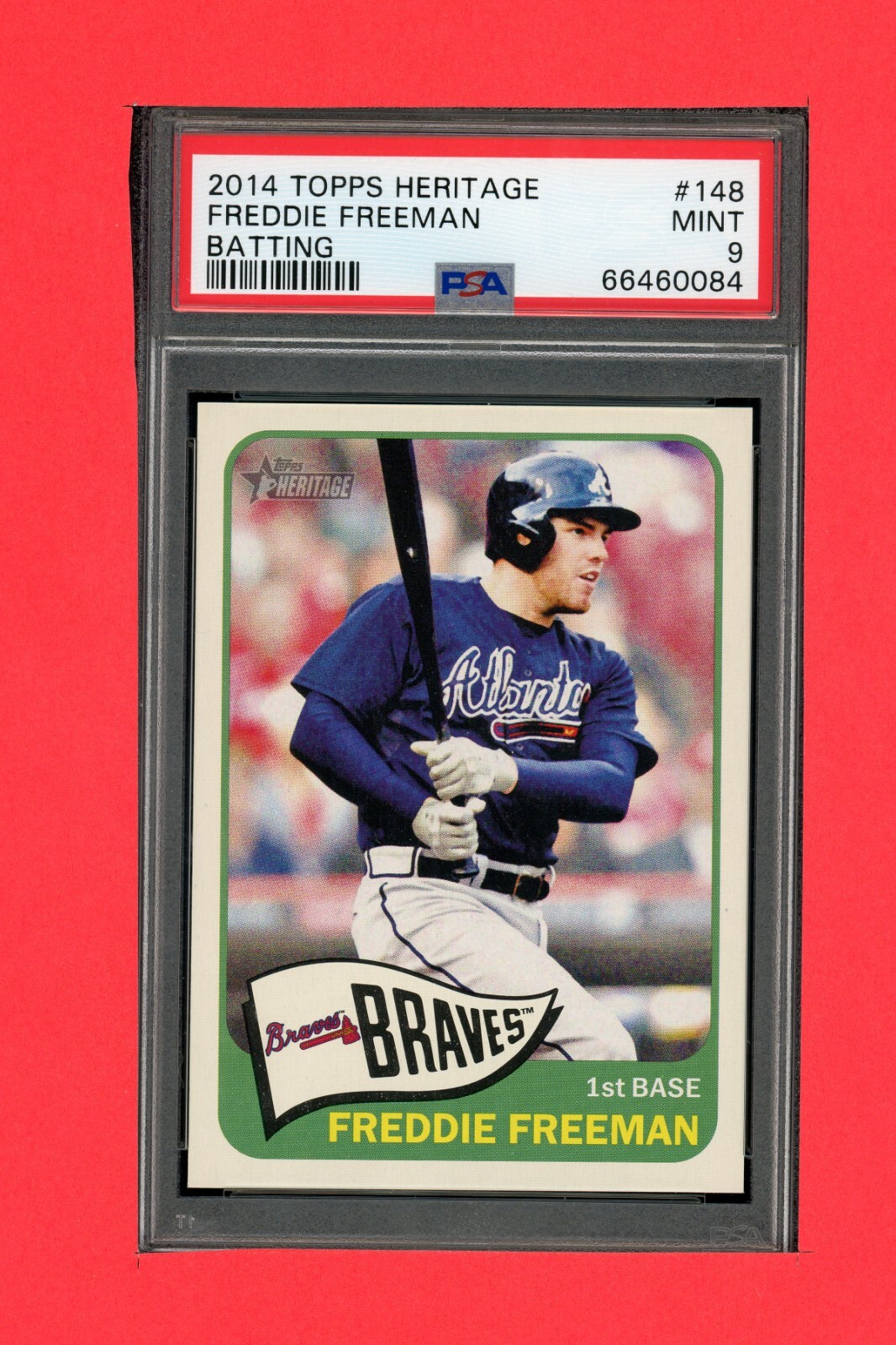 2014 TOPPS HERITAGE #148 FREDDIE FREEMAN ACTION (BATTING) PSA 9