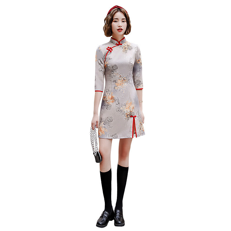 Women Mini Dress Qipao Chinese Traditional Cheongsam Ball Gown S to 2XL