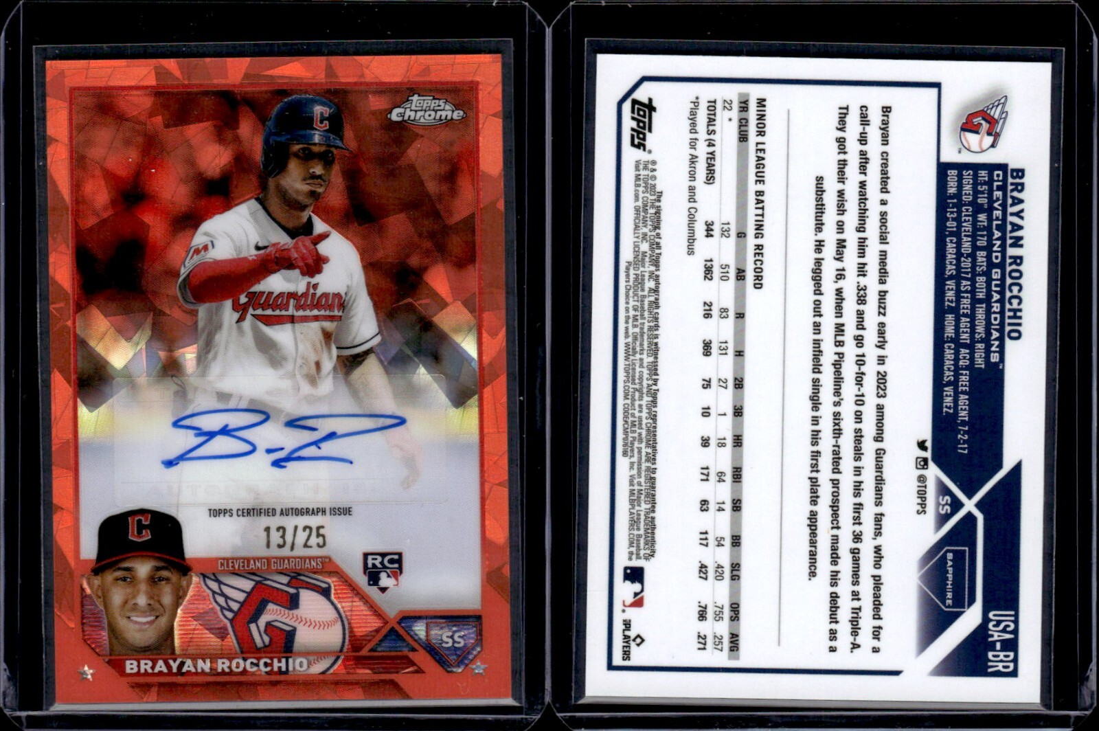 BRAYAN ROCCHIO 2023 TOPPS CHROME UPDATE ORANGE SAPPHIRE RC AUTO /25 CLEV ELAND