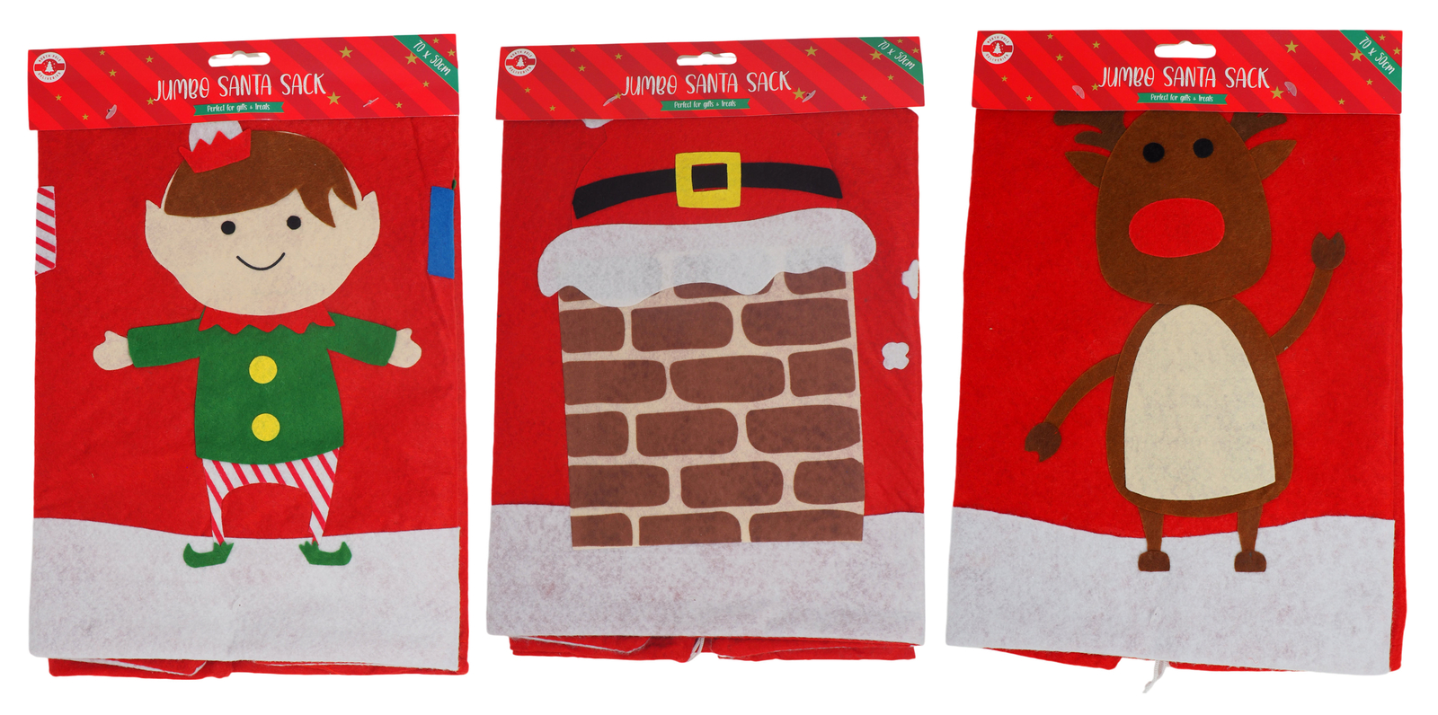 Jumbo Christmas Santa Sacks with Characters - Felt Reusuable Strong - Set of 3