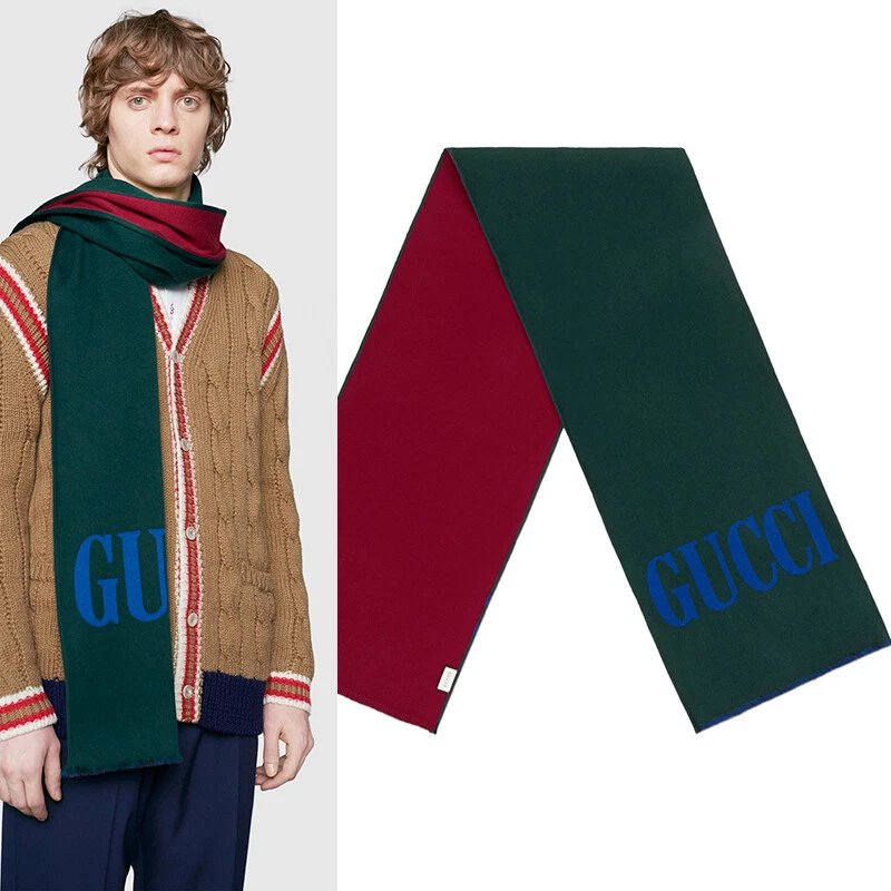 NEUF GUCCI LOGO JACQUARD LAINE SOIE ÉTOLE SOIE ÉCHARPE UNIVERSITAIRE LOGO GUCCI vert bordelais