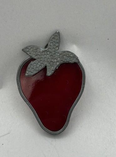 Vintage Red Strawberry Hammered Stem Stained Glass Mini Suncatcher 2"