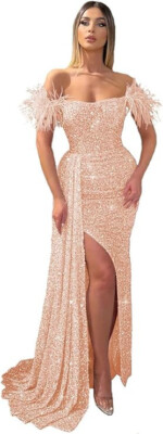 NEW $179  20W ROSE GOLD Sequin Mermaid Prom Dresses w/ Slit Off Shoulder feather