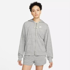 NEW WOMEN  S NIKE SPORTSWEAR GYM VINTAGE FULL ZIP HOODIE IN GRAY AND WHITE  