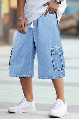 Mens Baggy Cargo Denim Shorts Elastic Waist 15 Inch Inseam Summer