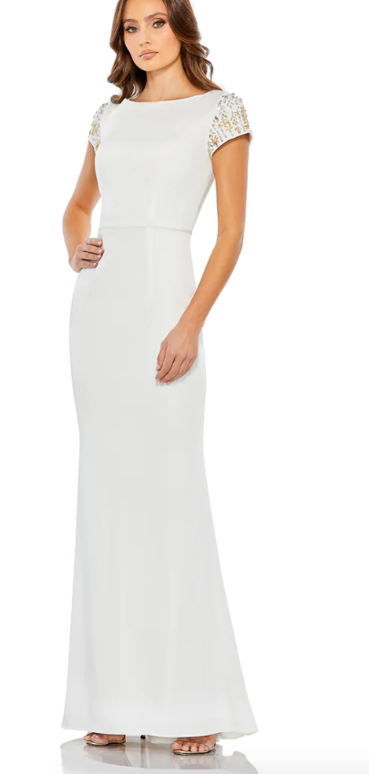 mac duggal white and gold dress BEADED CAP SLEEVE BATEAU COLUMN GOWN sz 8 sub_category:mini