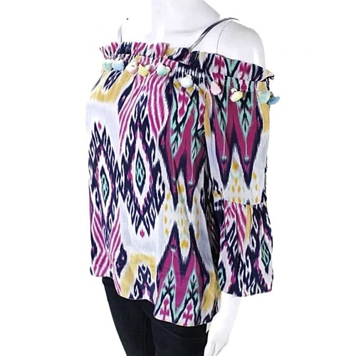 Figue Saks Bohemian Ikat Silk Blouse Top Size Small Tassels Pink Off Shoulder - Picture 5 of 11